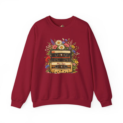 Retro Cassette Floral Sweatshirt — Vintage Tape Player Crewneck