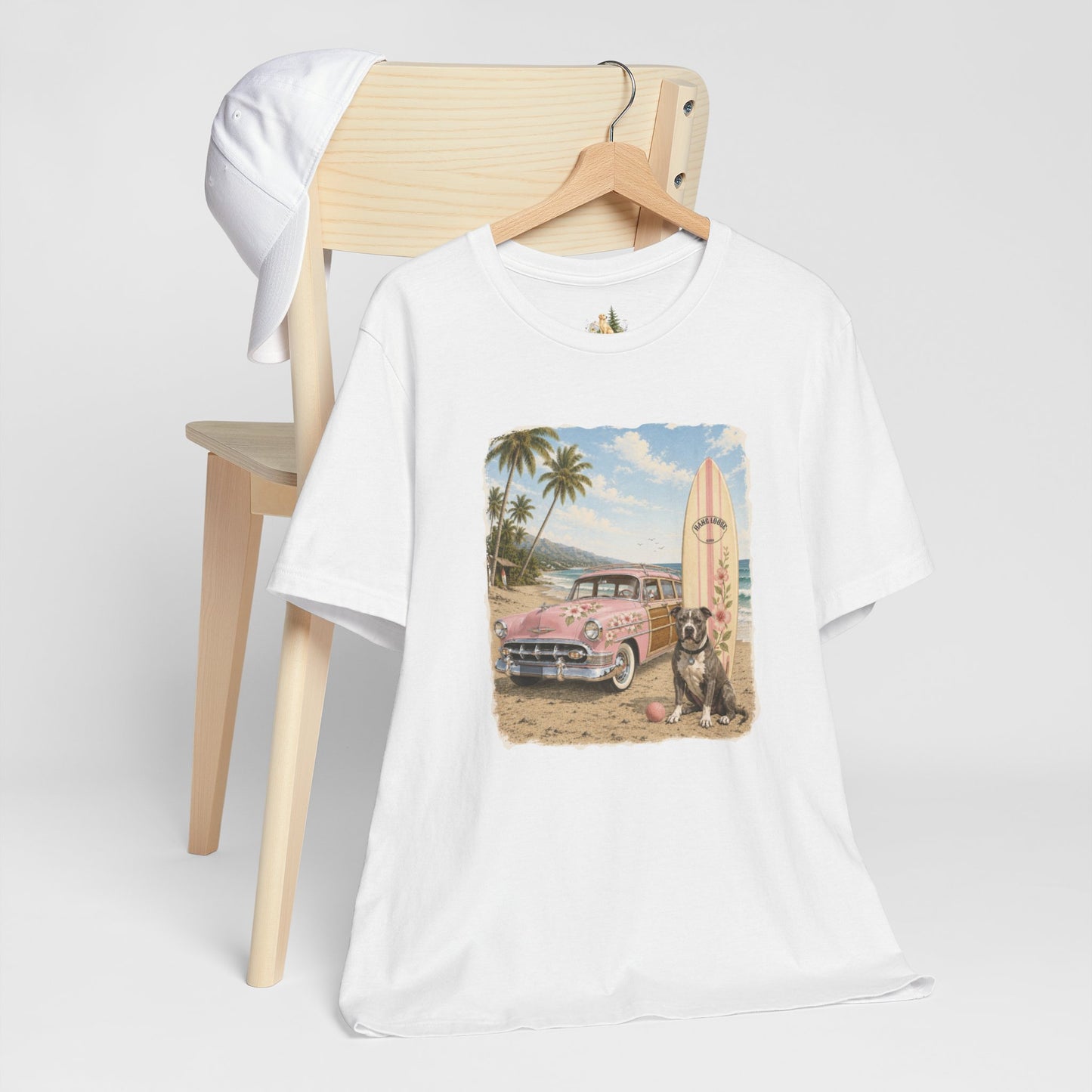 Vintage Beach Surf T‑Shirt — Retro Car, Surfboard & Dog Graphic