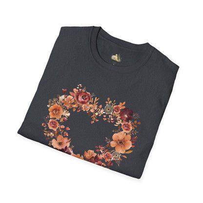 Floral Heart Tee — Women's Heart Wreath Graphic T-Shirt, Romantic Floral Gift