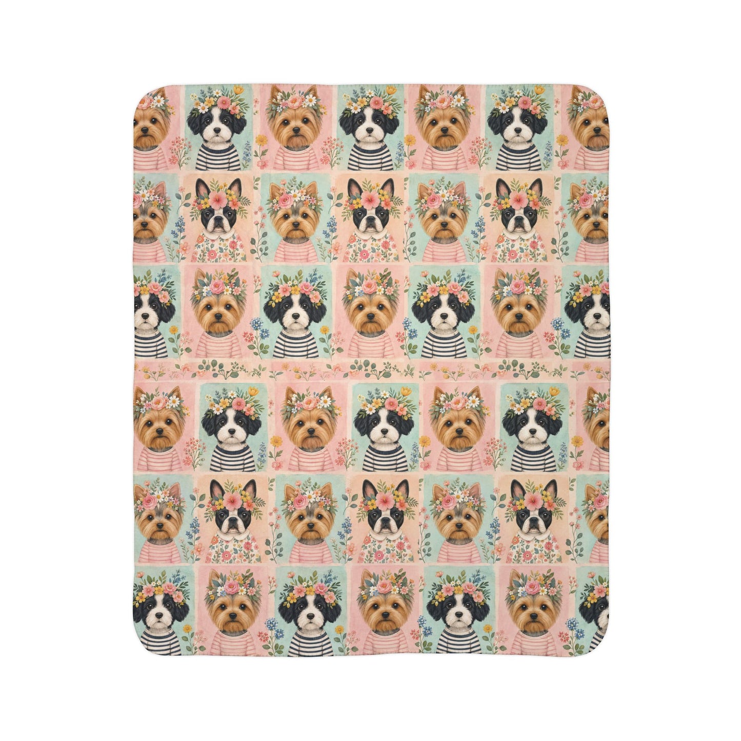 Pet Portrait Sherpa Dog Blanket — Floral Yorkie & Shih Tzu Pattern, Cozy Fleece Throw 50x60"