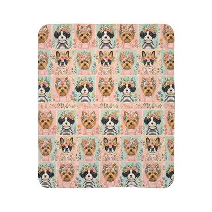 Pet Portrait Sherpa Dog Blanket — Floral Yorkie & Shih Tzu Pattern, Cozy Fleece Throw 50x60"