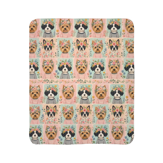 Pet Portrait Sherpa Dog Blanket — Floral Yorkie & Shih Tzu Pattern, Cozy Fleece Throw 50x60"