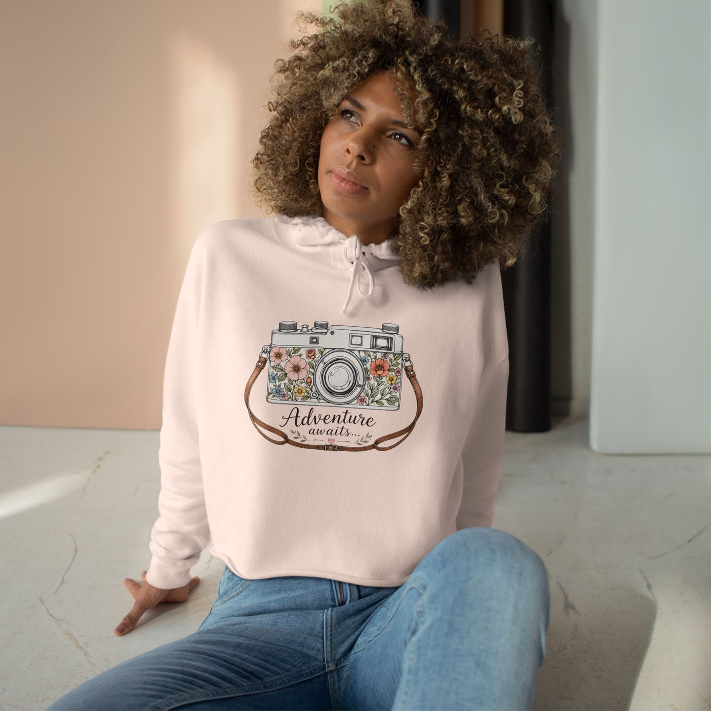 Cropped Hoodie — Floral Vintage Camera “Adventure Awaits” Crop Hoodie