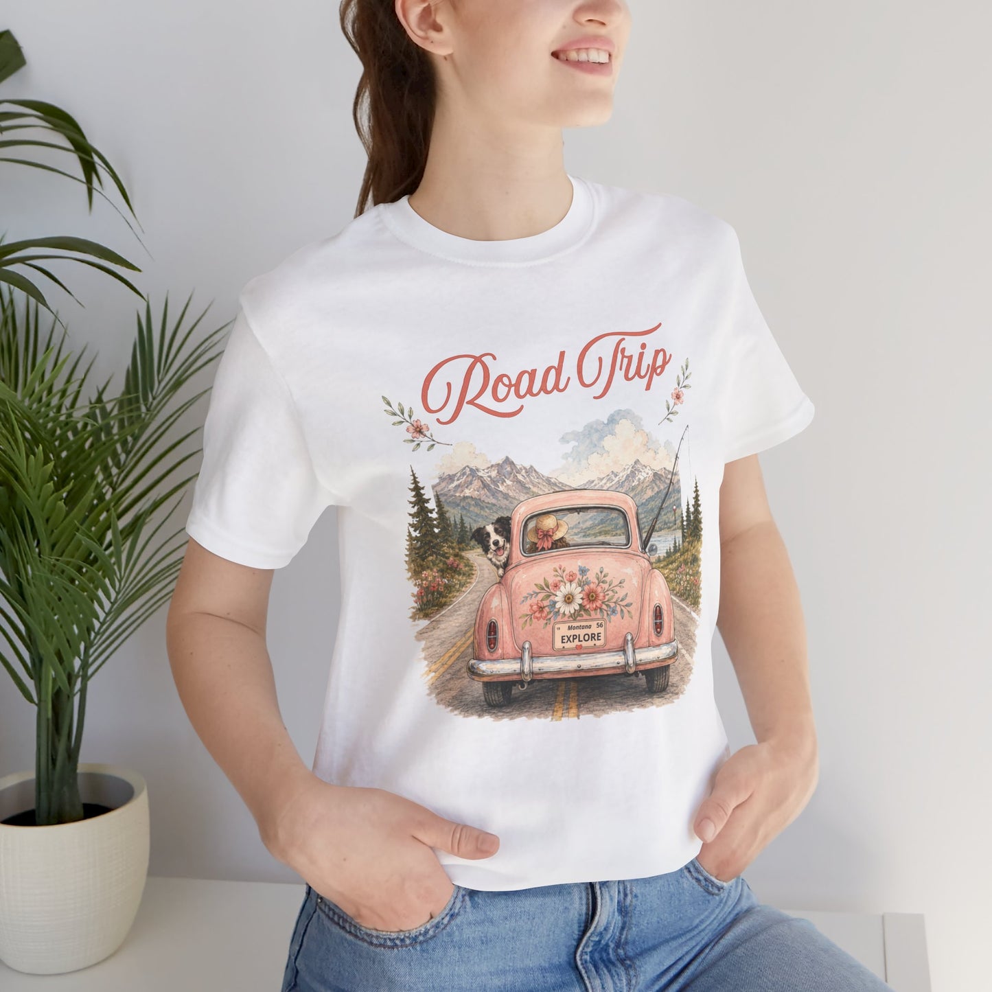 Road Trip Vintage Car T-Shirt — Retro Floral Scenic Drive Tee