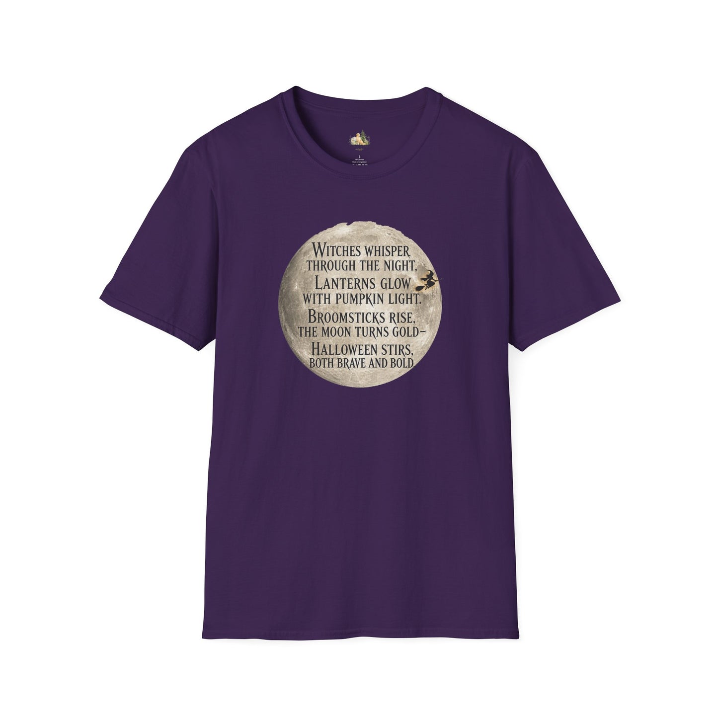 Halloween Poem T-Shirt — "Witches whisper through the night" Moon Graphic