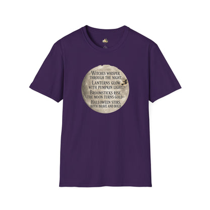 Halloween Poem T-Shirt — "Witches whisper through the night" Moon Graphic