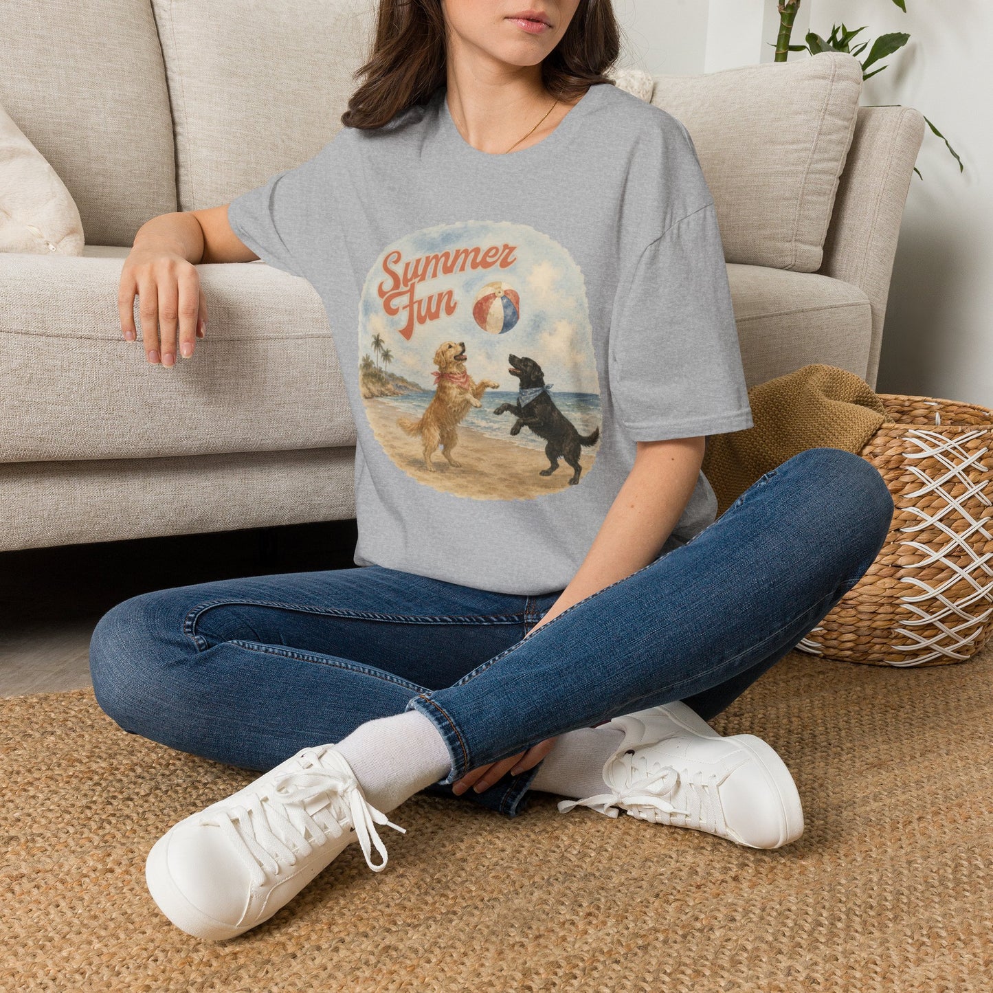 Summer Fun Dogs T-Shirt — Retro Beach Puppies Playing with Beach Ball (Light Weight, Ultra Soft Tee)