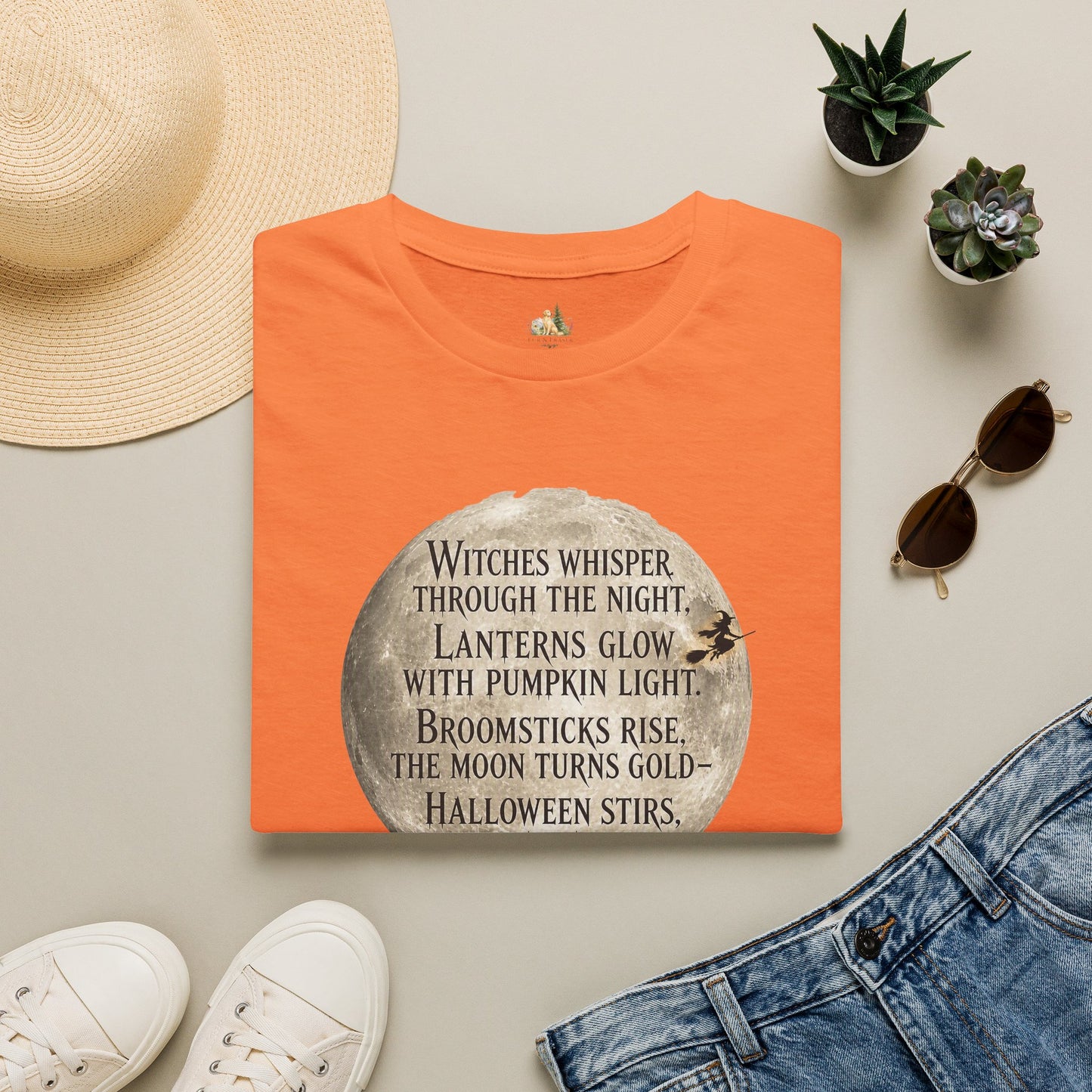 Halloween Poem T-Shirt — "Witches whisper through the night" Moon Graphic