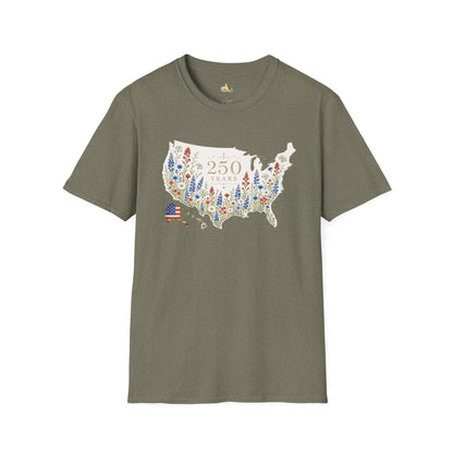 Unisex 250 Years USA Floral Map T-Shirt — Patriotic Anniversary Graphic Tee (Light weight Ulta Soft T-Shirt)