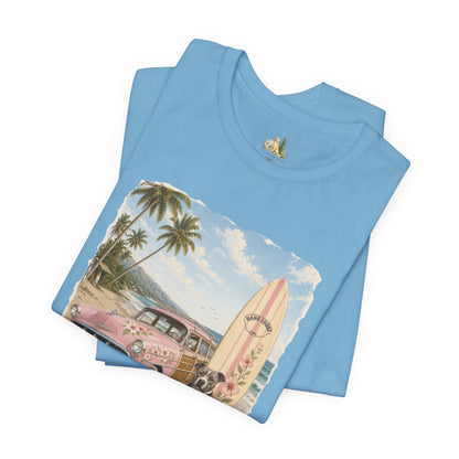 Vintage Beach Surf T‑Shirt — Retro Car, Surfboard & Dog Graphic