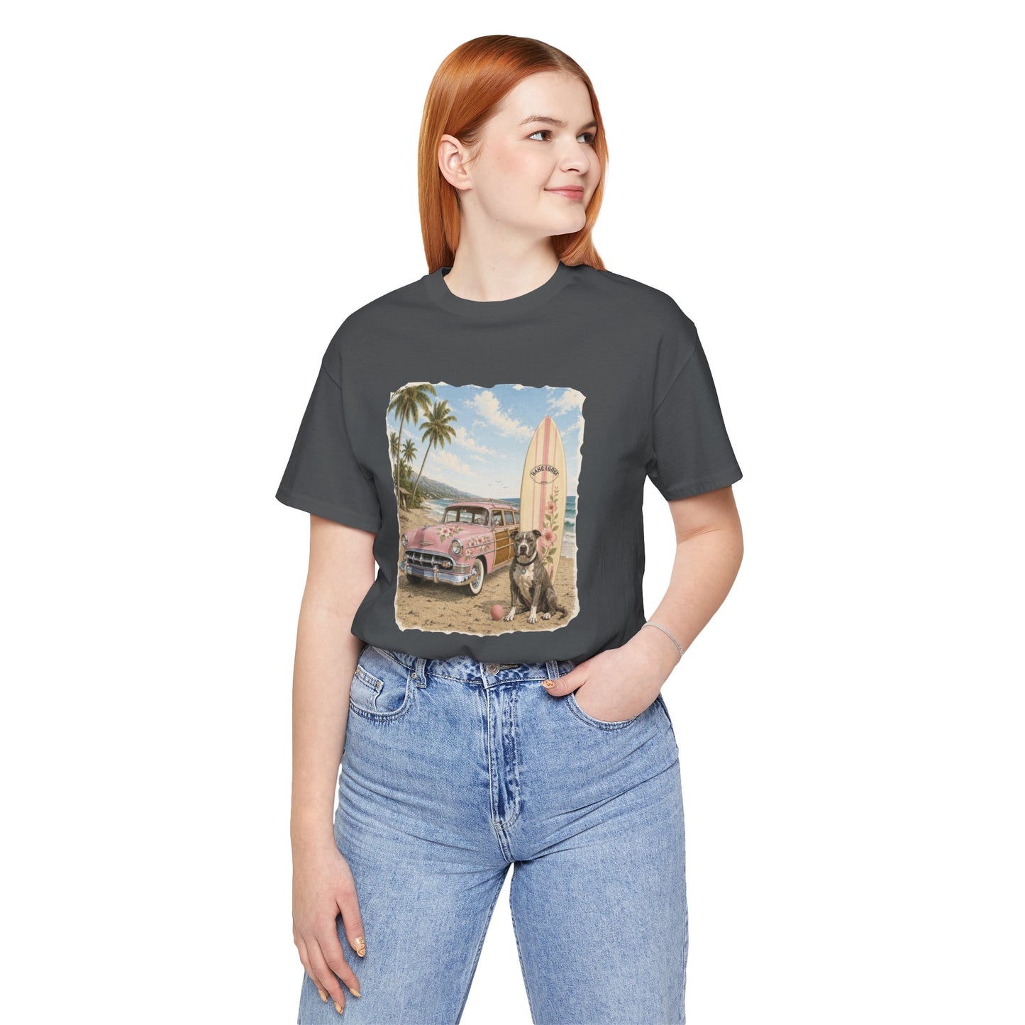 Vintage Beach Surf T‑Shirt — Retro Car, Surfboard & Dog Graphic