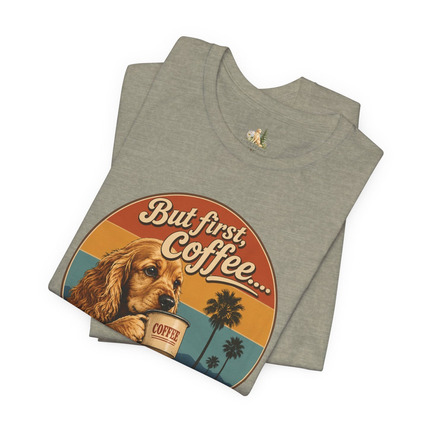 Men's But First Coffee Dog Tee — Retro Palm Tree Coffee Lover T-Shirt