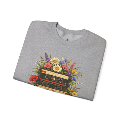 Retro Cassette Floral Sweatshirt — Vintage Tape Player Crewneck