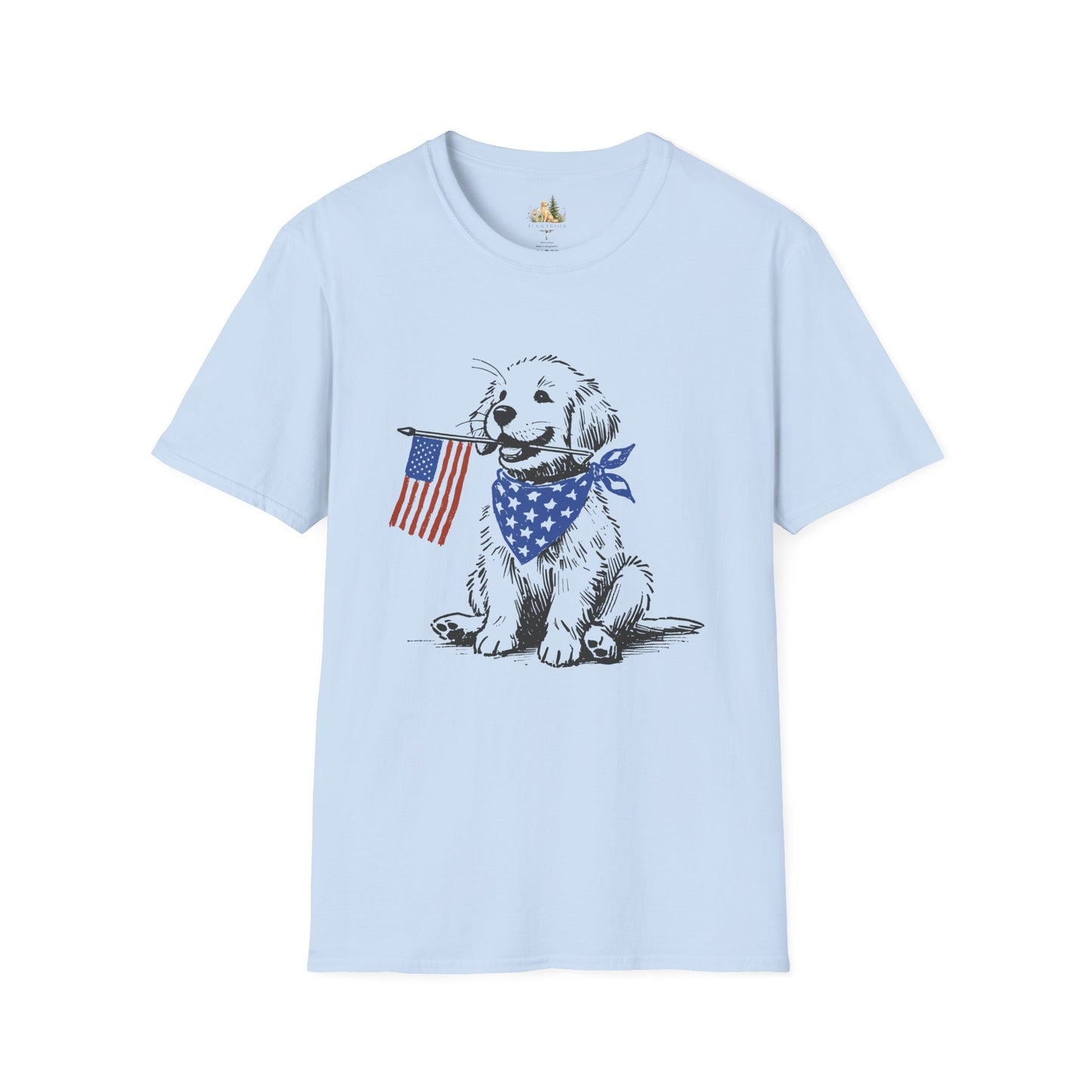 Unisex Patriotic Puppy T-Shirt — Golden Retriever with American Flag Bandana (Light Weight, Ultra Soft Tee)
