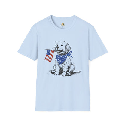 Unisex Patriotic Puppy T-Shirt — Golden Retriever with American Flag Bandana (Light Weight, Ultra Soft Tee)