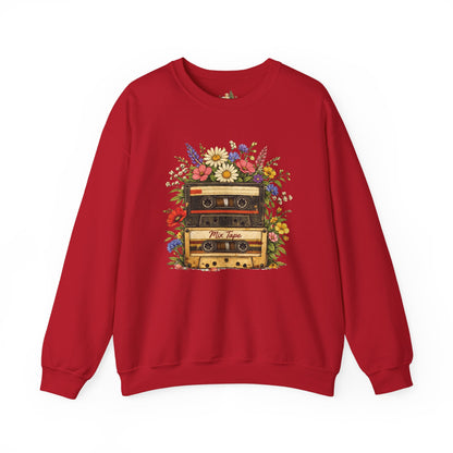 Retro Cassette Floral Sweatshirt — Vintage Tape Player Crewneck