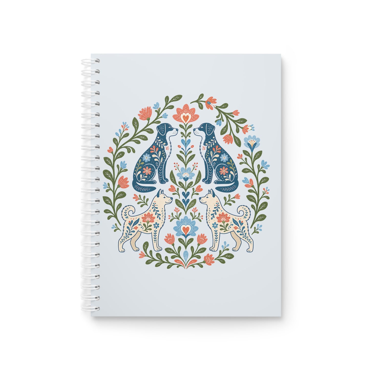 Floral Folk Dogs Spiral Notebook — Decorative Blue & Coral Animal Art Journal