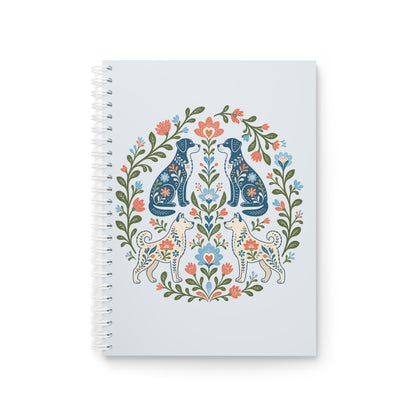 Floral Folk Dogs Spiral Notebook — Decorative Blue & Coral Animal Art Journal