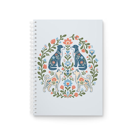 Floral Folk Dogs Spiral Notebook — Decorative Blue & Coral Animal Art Journal