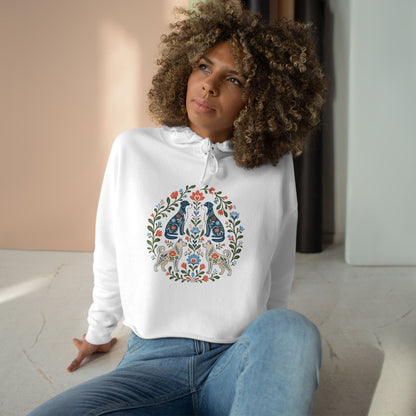 Floral Folk Art Crop Hoodie — Symmetrical Rabbit & Floral Circle Design
