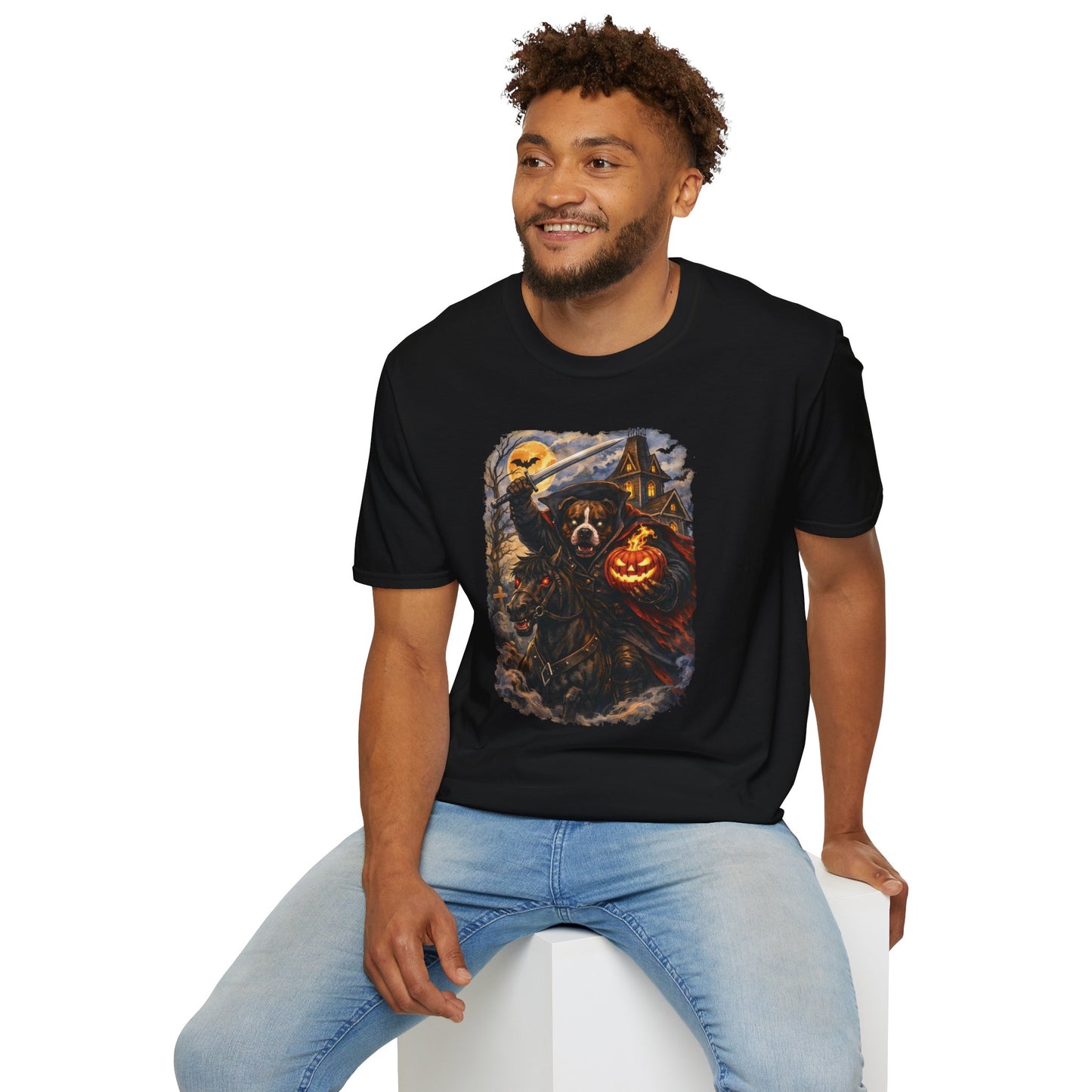 Unisex Halloween Pit Bull Headless Horseman Tee – What Tails Lurk Behind The Pines Collection