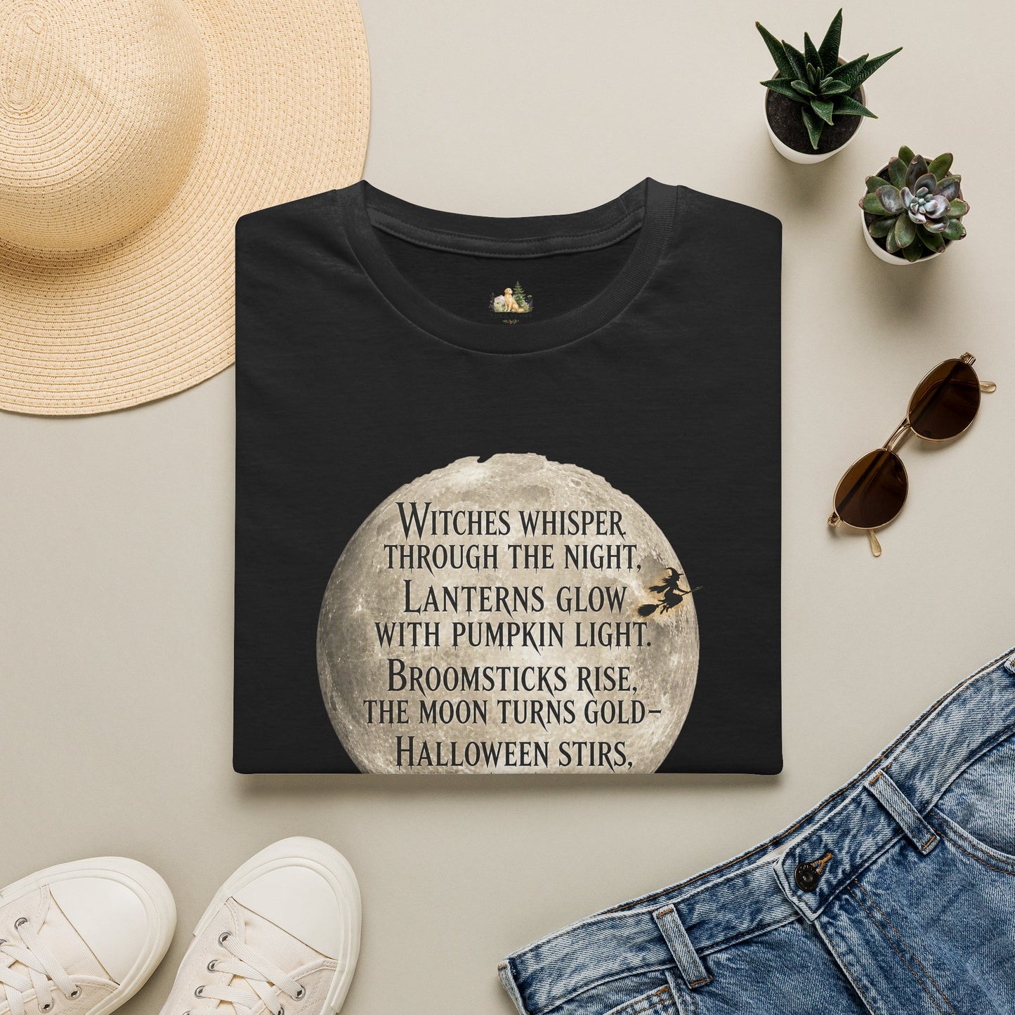 Halloween Poem T-Shirt — "Witches whisper through the night" Moon Graphic