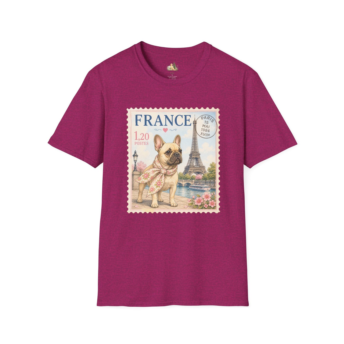 French Bulldog Postage Stamp T-Shirt | Eiffel Tower Paris Design (Light Weight, Ultra Soft Tee)