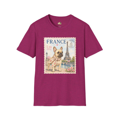 French Bulldog Postage Stamp T-Shirt | Eiffel Tower Paris Design (Light Weight, Ultra Soft Tee)