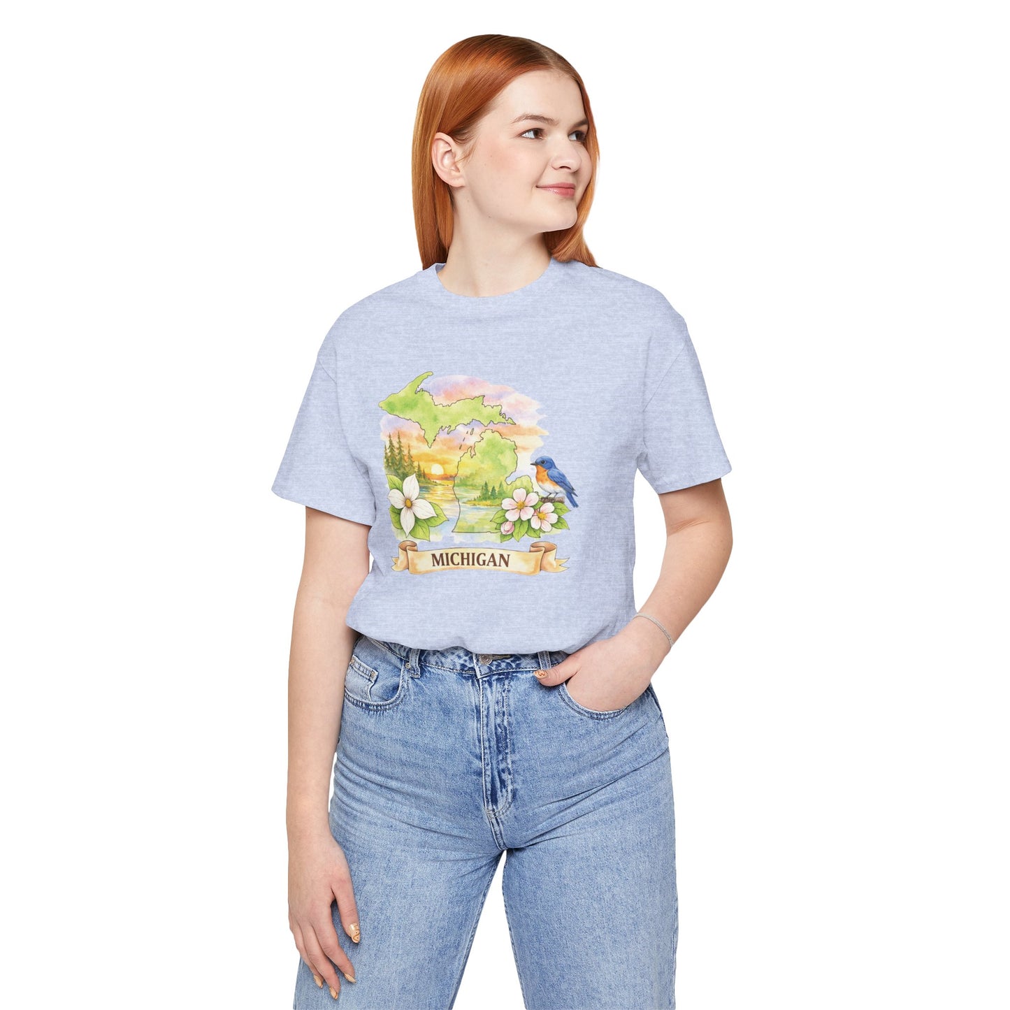 Michigan Scenic T-Shirt — State Flower & Bluebird Watercolor Design