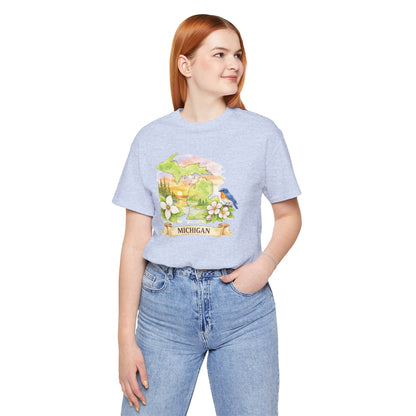 Michigan Scenic T-Shirt — State Flower & Bluebird Watercolor Design