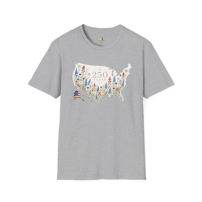 Unisex 250 Years USA Floral Map T-Shirt — Patriotic Anniversary Graphic Tee (Light weight Ulta Soft T-Shirt)