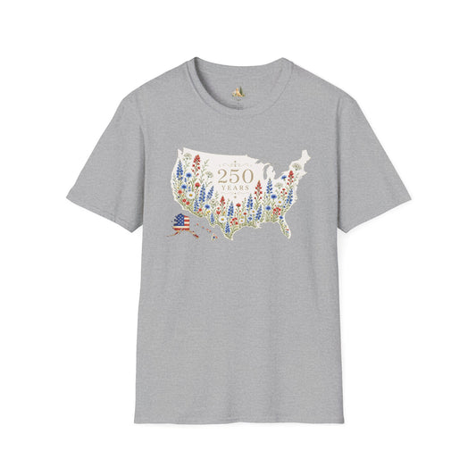 Unisex 250 Years USA Floral Map T-Shirt — Patriotic Anniversary Graphic Tee (Light weight Ulta Soft T-Shirt)