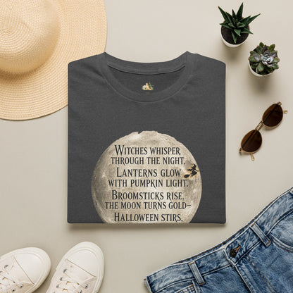 Halloween Poem T-Shirt — "Witches whisper through the night" Moon Graphic