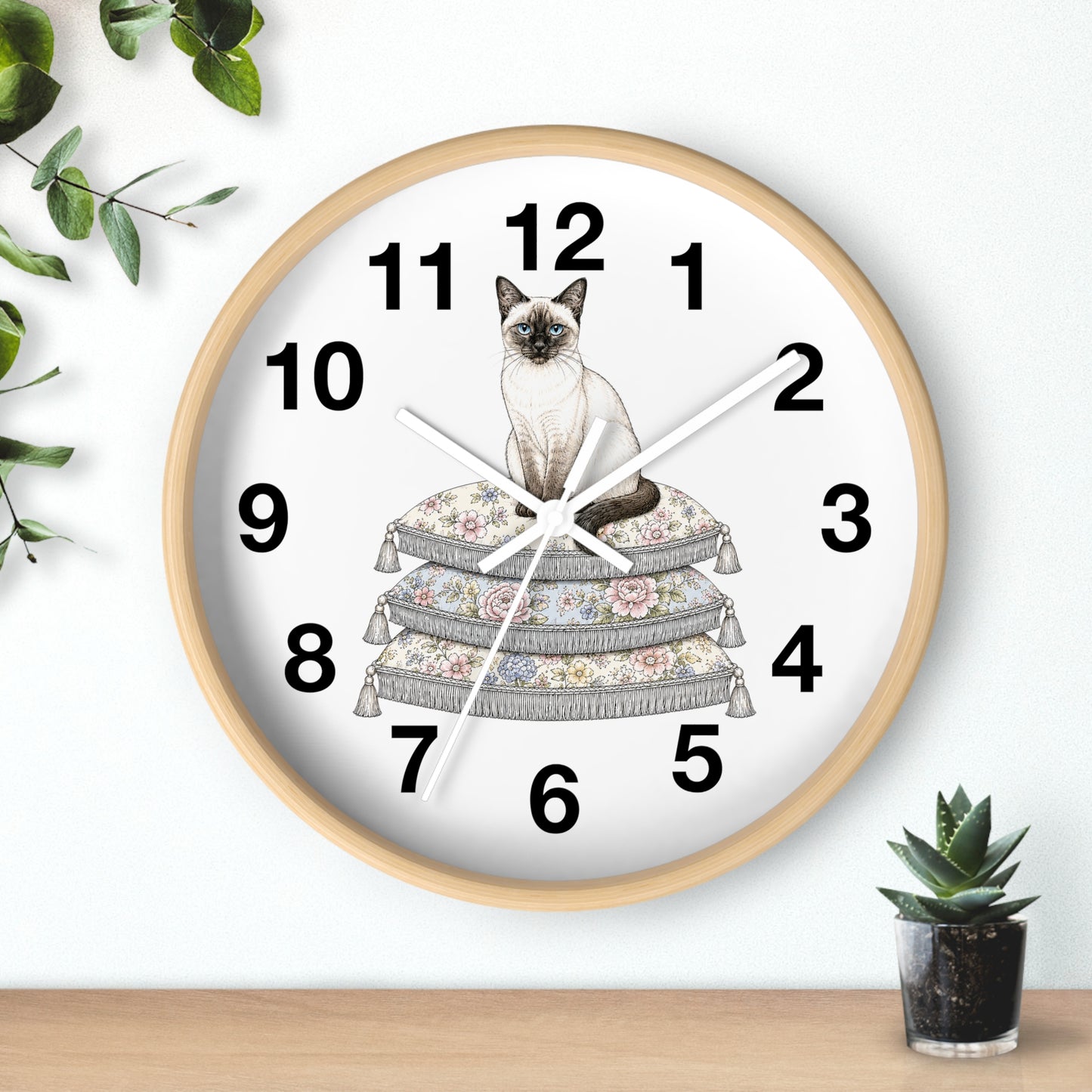 Siamese Cat on Stacked Cushions Wall Clock | Floral Pillow Illustration