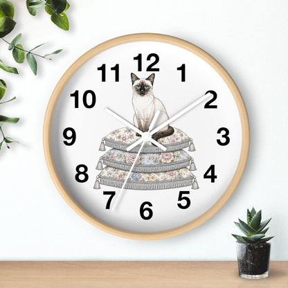 Siamese Cat on Stacked Cushions Wall Clock | Floral Pillow Illustration