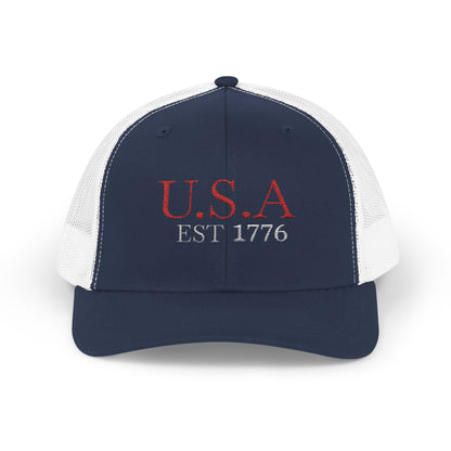 USA EST 1776 Snapback Trucker Cap — Patriotic American Flag Style