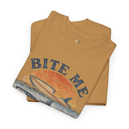 Shark 'Bite Me' Graphic Tee — Vintage Ocean Sunset Fishing Shirt (Heavy Weight Tee)