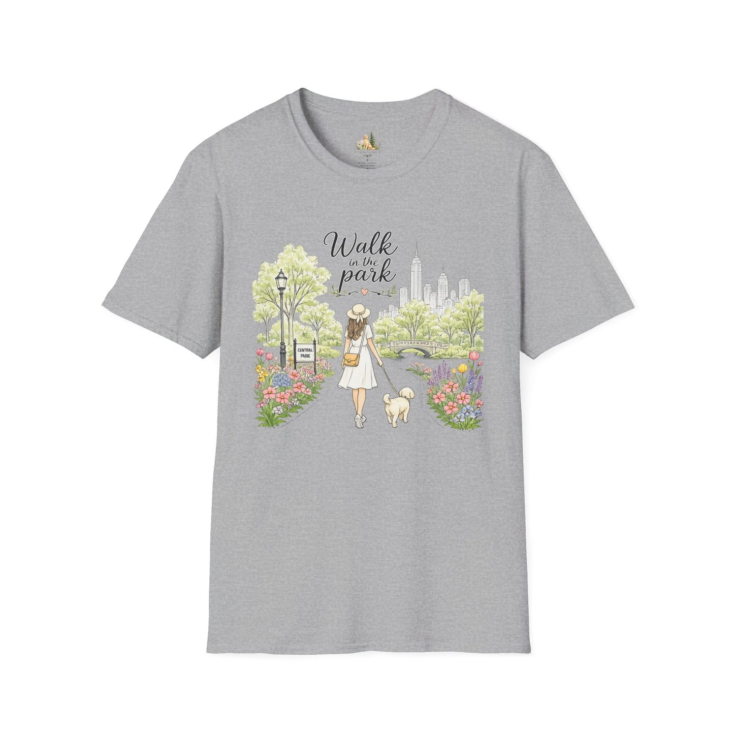 Walk in the Park T-Shirt | Woman Walking Dog Park Illustration (Light Weight, Ultra Soft Tee)