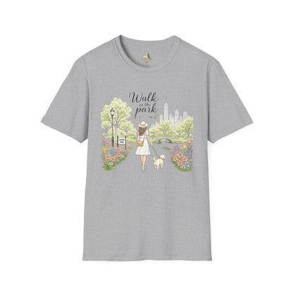 Walk in the Park T-Shirt | Woman Walking Dog Park Illustration (Light Weight, Ultra Soft Tee)