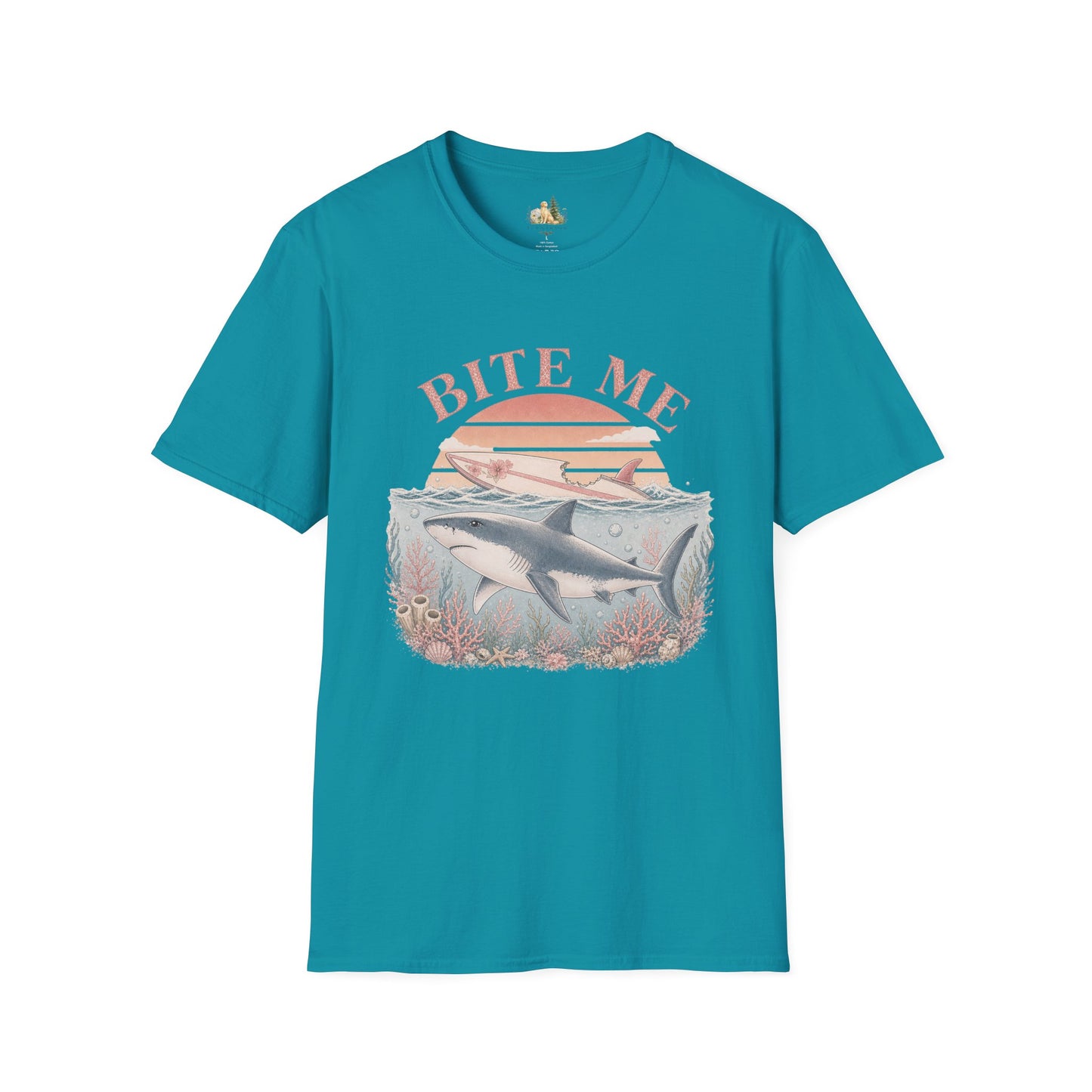 Bite Me Shark T-Shirt — Retro Ocean Sunset Graphic Tee (Light Weight, Ultra Soft)