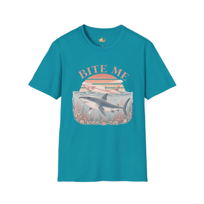 Bite Me Shark T-Shirt — Retro Ocean Sunset Graphic Tee (Light Weight, Ultra Soft)