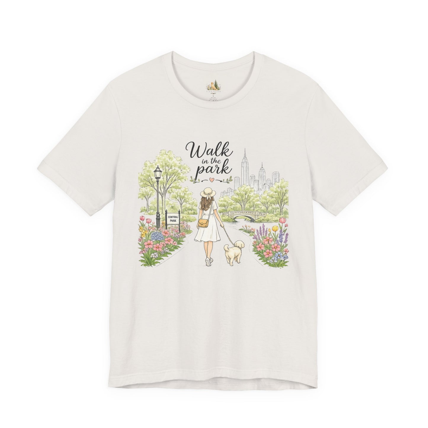 Walk in the Park T-Shirt | Woman Walking Dog Park Illustration