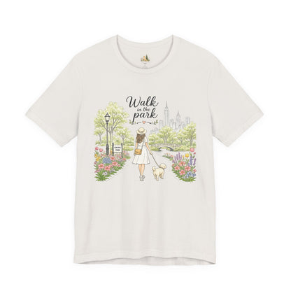 Walk in the Park T-Shirt | Woman Walking Dog Park Illustration