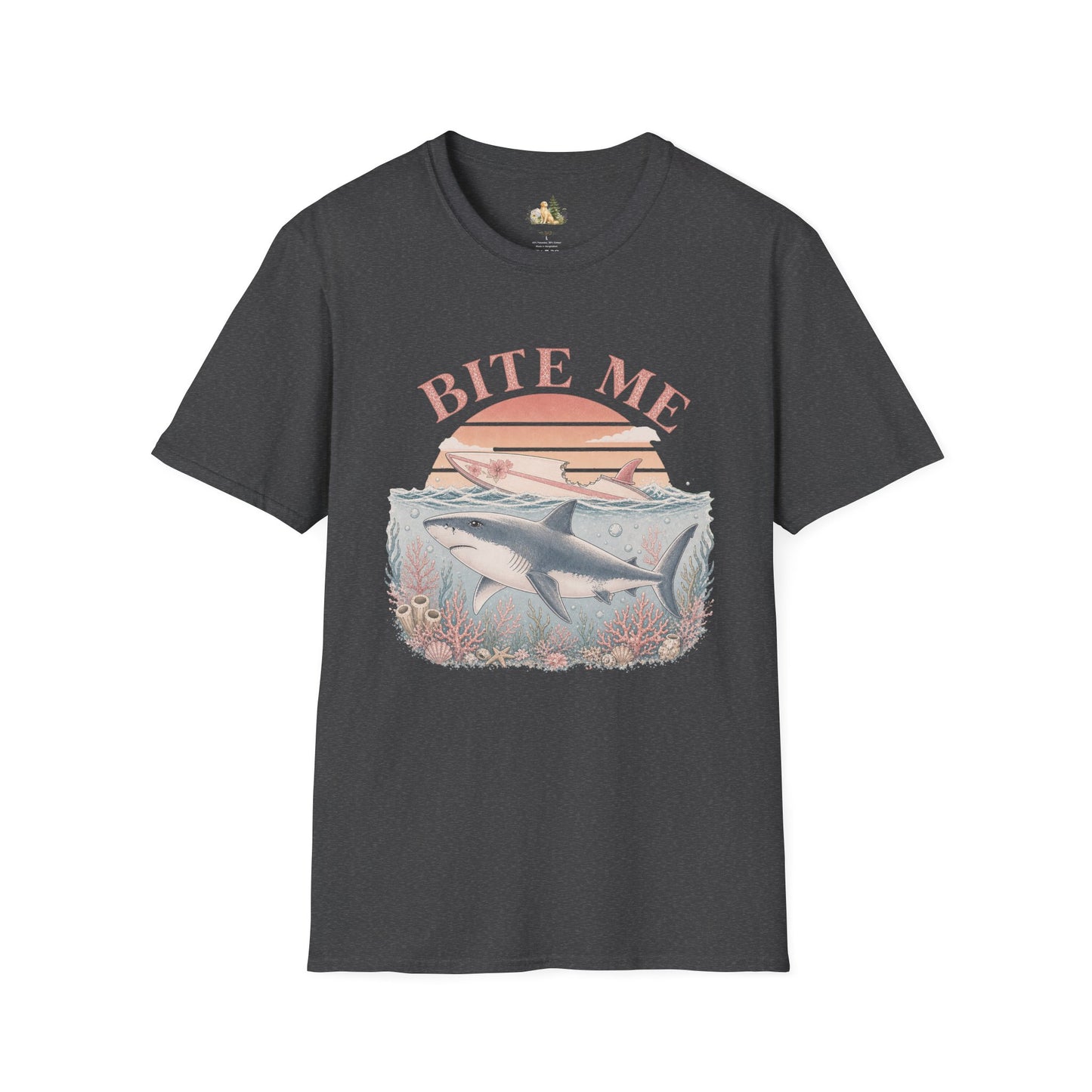 Bite Me Shark T-Shirt — Retro Ocean Sunset Graphic Tee (Light Weight, Ultra Soft)
