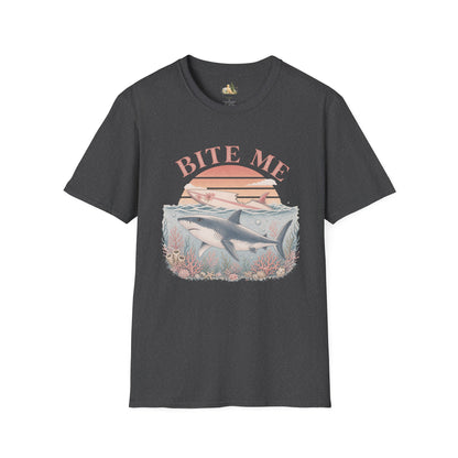 Bite Me Shark T-Shirt — Retro Ocean Sunset Graphic Tee (Light Weight, Ultra Soft)