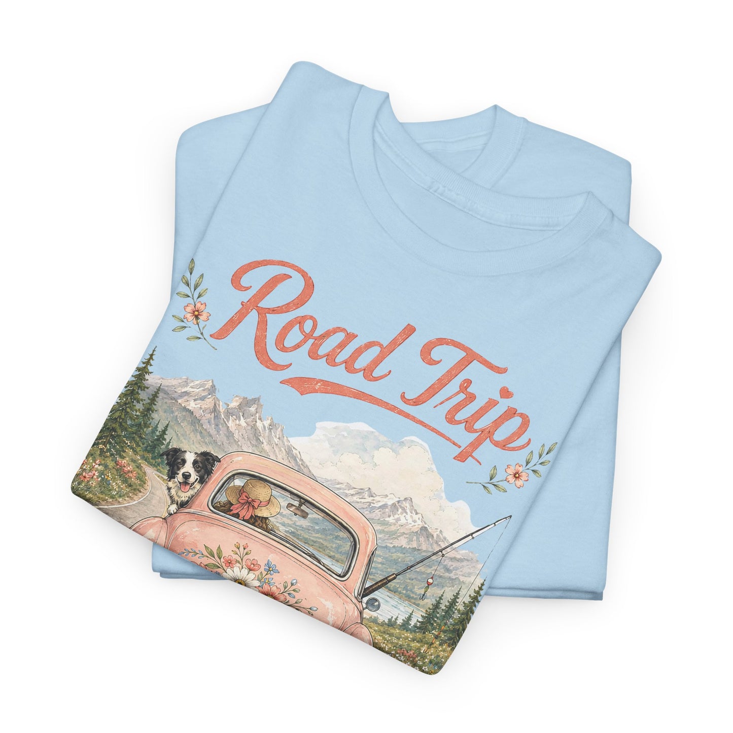Road Trip Vintage Car T-Shirt — Retro Floral Scenic Drive Tee ( Heavy Weight Tee)
