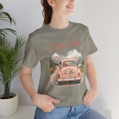 Road Trip Vintage Car T-Shirt — Retro Floral Scenic Drive Tee