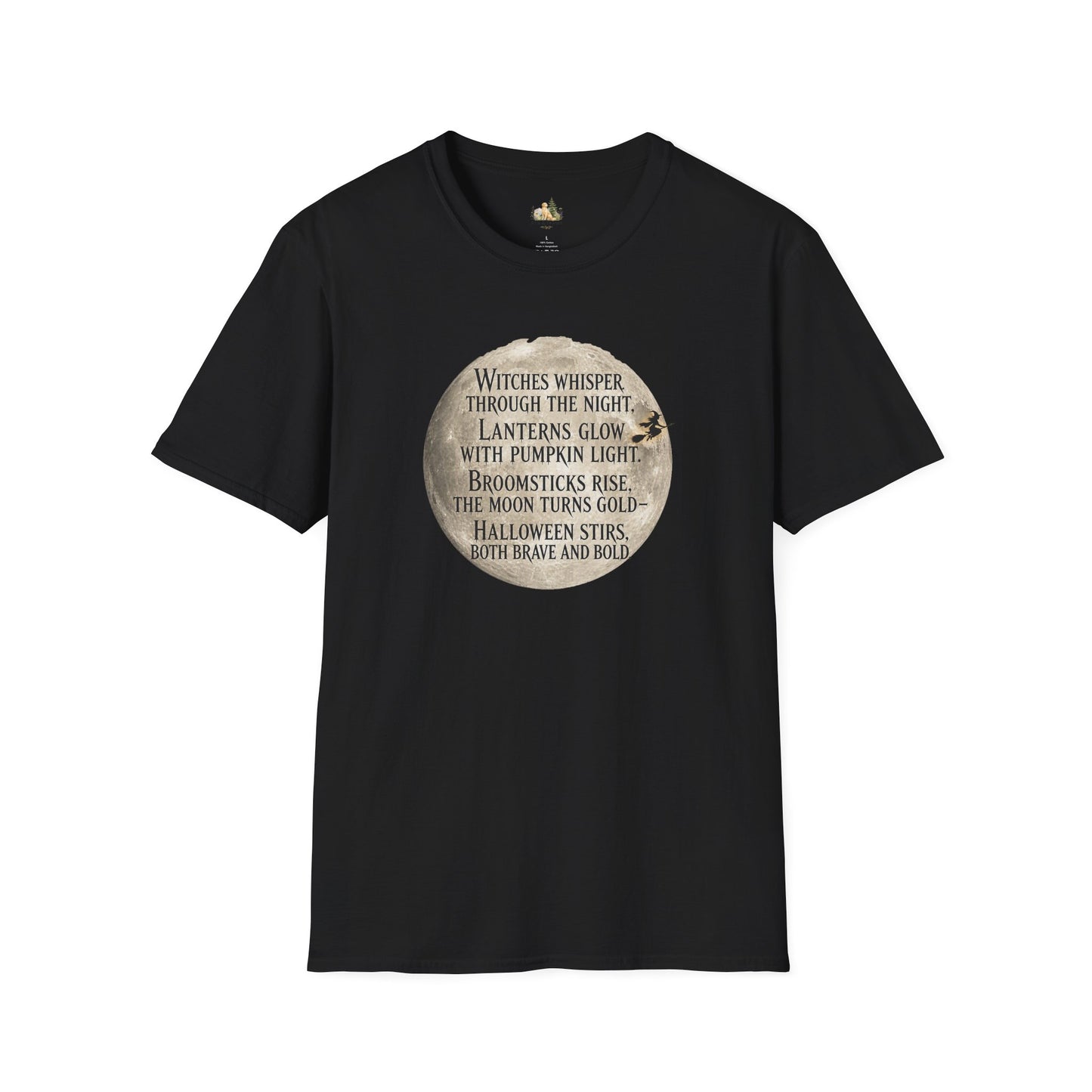 Halloween Poem T-Shirt — "Witches whisper through the night" Moon Graphic