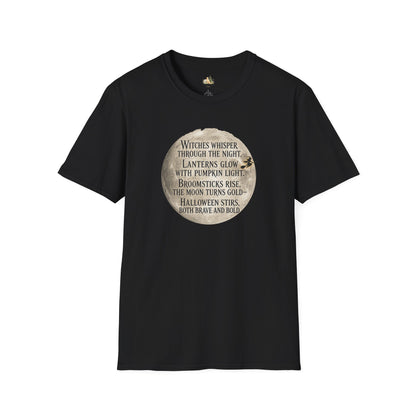 Halloween Poem T-Shirt — "Witches whisper through the night" Moon Graphic