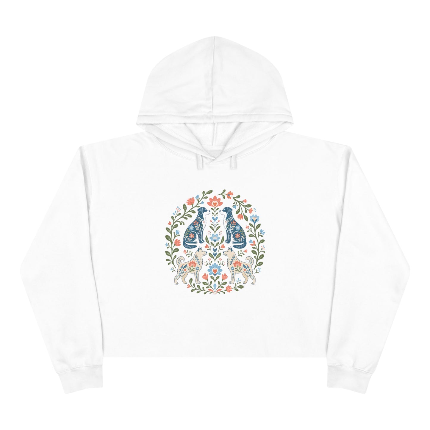 Floral Folk Art Crop Hoodie — Symmetrical Rabbit & Floral Circle Design